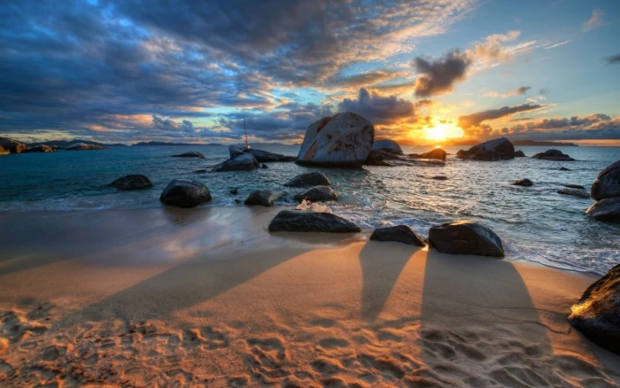 sea sunset water sand beach clouds stones sunlight