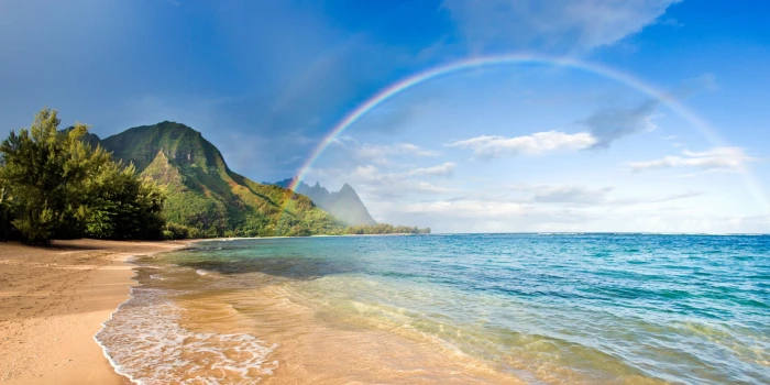 beach rainbows sea mountains trees sand Hawaii island 2k