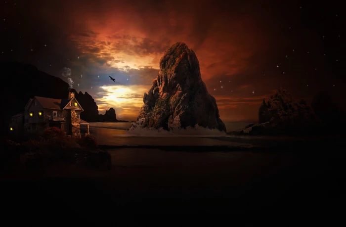 silhouette of rock formation during sunset landscape water 2k
