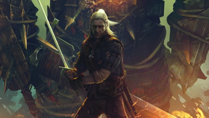 The Witcher Wild Hunt digital wallpaper sword fire warrior 2k