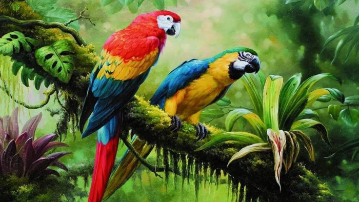 bird parrot jungle brach parrots painting art birds tropical forest 2k