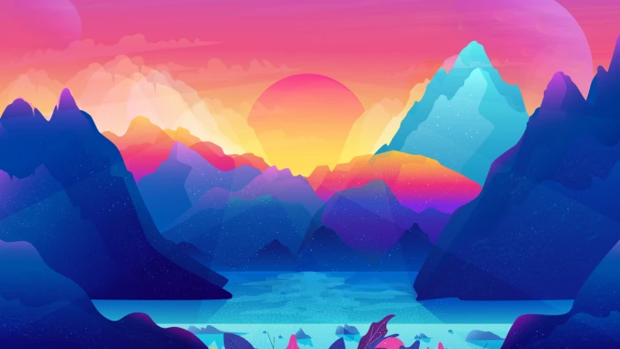 sunset sky water digital art artwork mountains colorful 2k