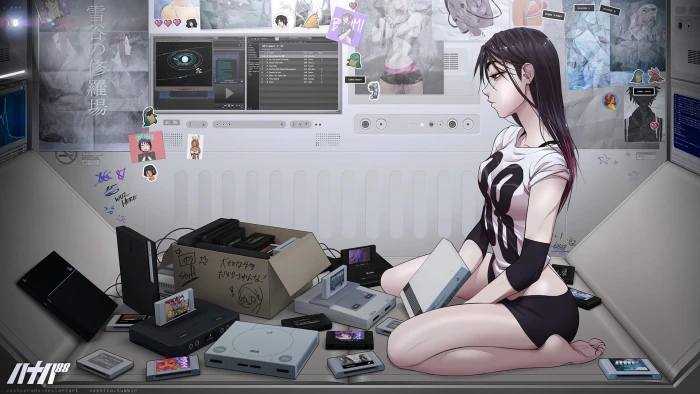 black haired female anime character on table 2k