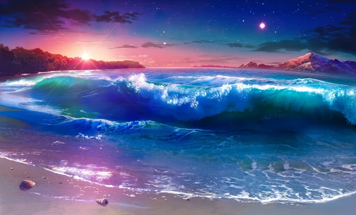 blue and red abstract painting artwork sunset clouds waves