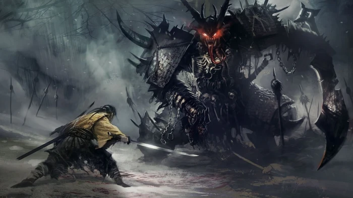 warrior holding sword fighting demon digital wallpaper fantasy art 2k
