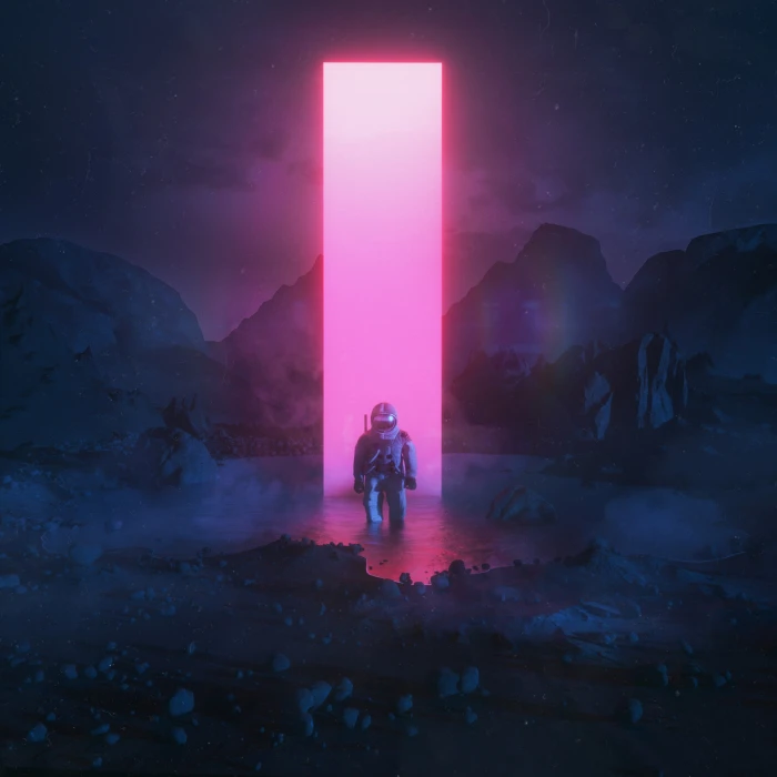 water render neon rocks astronaut beeple Monolith men 2k