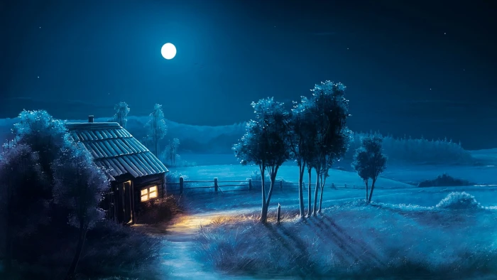 blue house moonlight full moon fantasy art landscape 2k