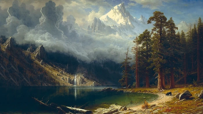body of water painting nature landscape artwork trees forest 2k