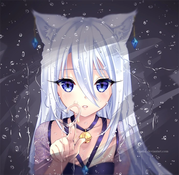 white haired female anime character girls cat ears water
