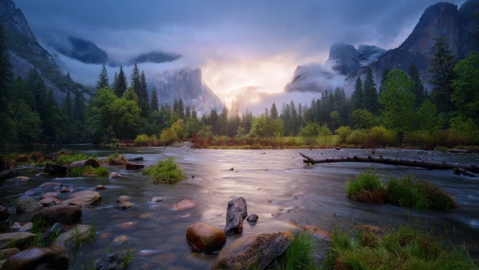 body of water nature landscape mountains trees forest clouds 2k
