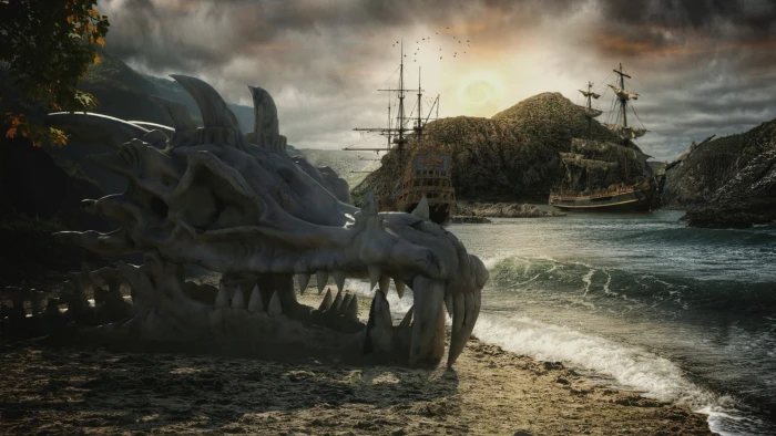 body of water sailing ship fantasy art skull dragon digital 2k