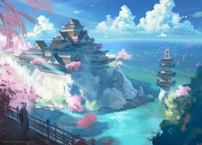 brown and white pagoda illustration landscape nature water 2k
