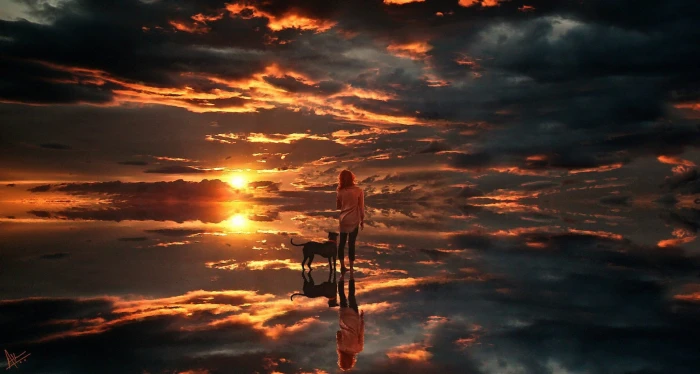 woman and dog standing on body of water digital wallpaper sky 2k