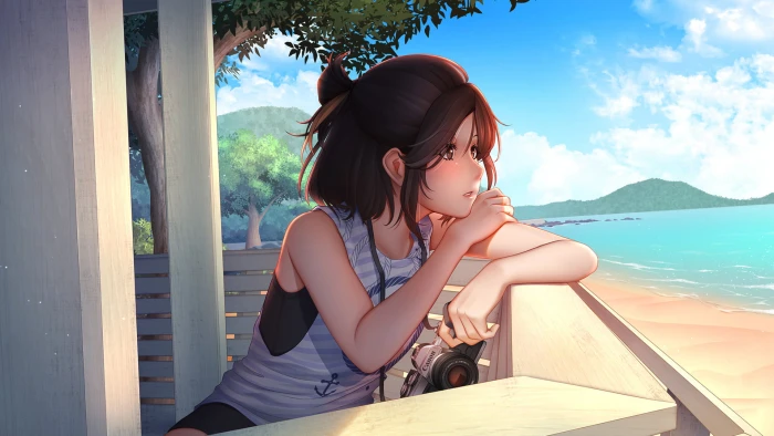 brown hair woman illustration anime girls beach summer 2k