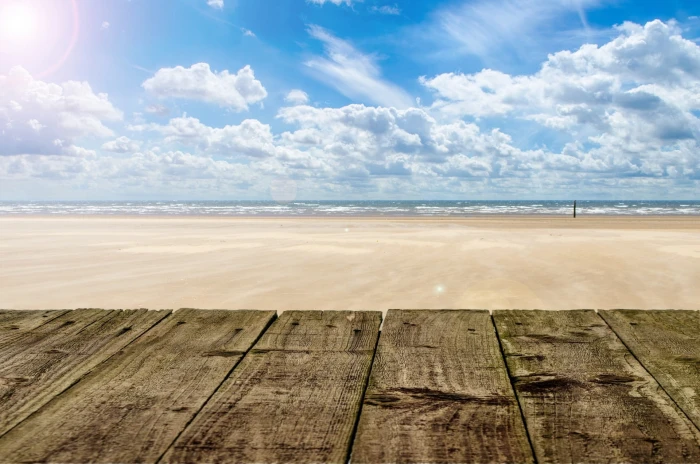 brown wooden dock under cloudy sunny sky bench beach 2k