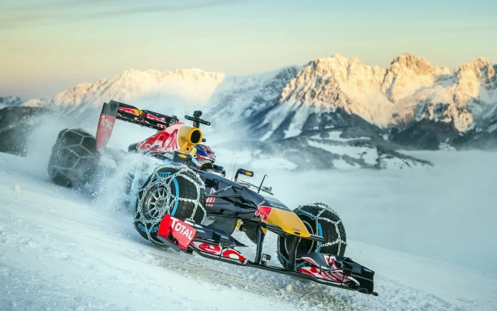 car Formula 1 Red Bull Racing sport snow mountain winter 2k