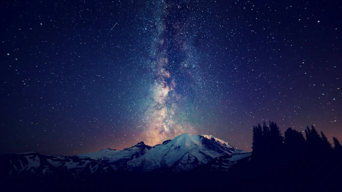 white and black mountain sky stars mountains trees night 2k