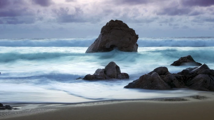 white and black sea waves beach rock nature object 2k