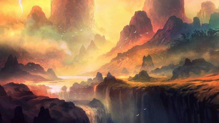 yellow and black mountains fantasy art river water birds 2k