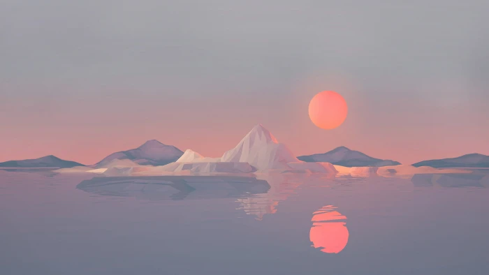 white and gray mountains surrounded with body of water during sunset digital wallpaper painting 2k 4k