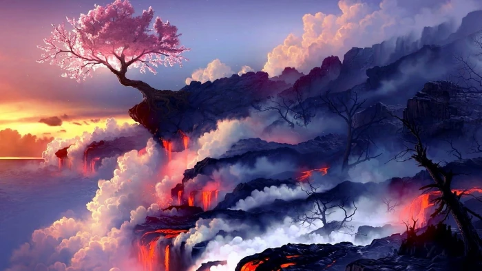 cherry blossom tree on cliff digital wallpaper mountain 3 2k