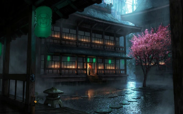 cherry blossom Chinese architecture night dark artwork 2k