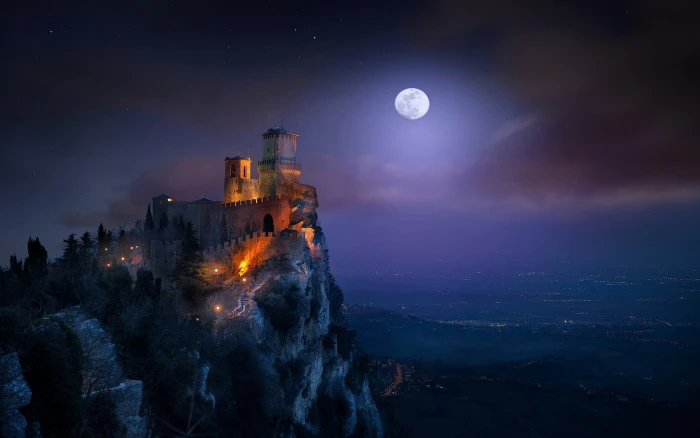 white castle nature landscape Moon cityscape moonlight starry night 2k
