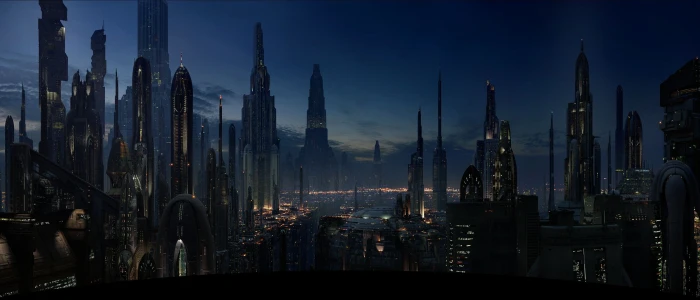 city sky illustration silhouette of buildings at nighttime science fiction 2k
