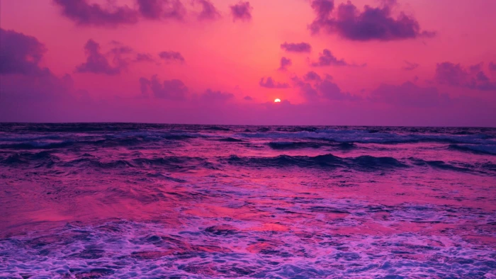 clear body of water pink sea sunset horizon clouds purple 2k