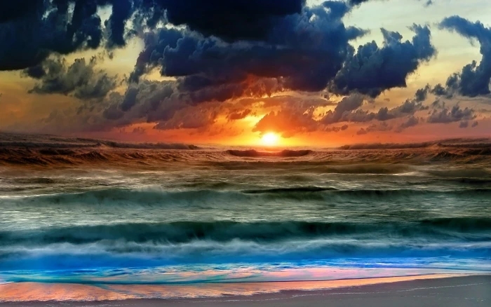 clouds sunset water sea waves beach sky 2k