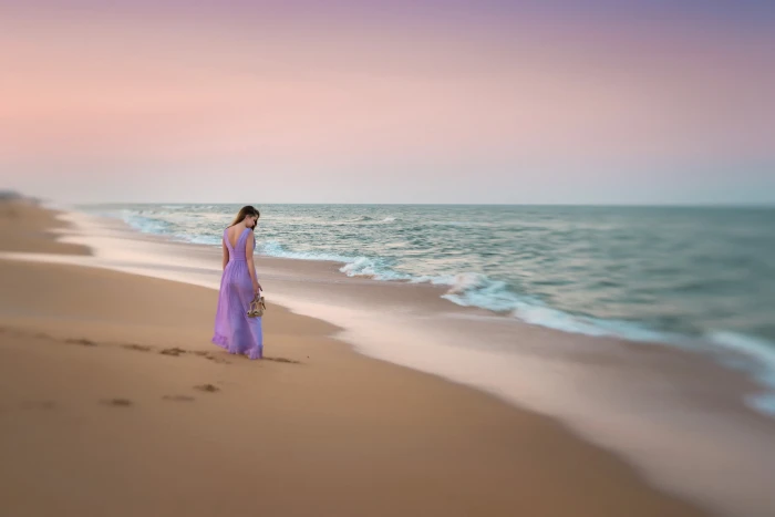 women beach on brunette purple dresses barefoot 2k