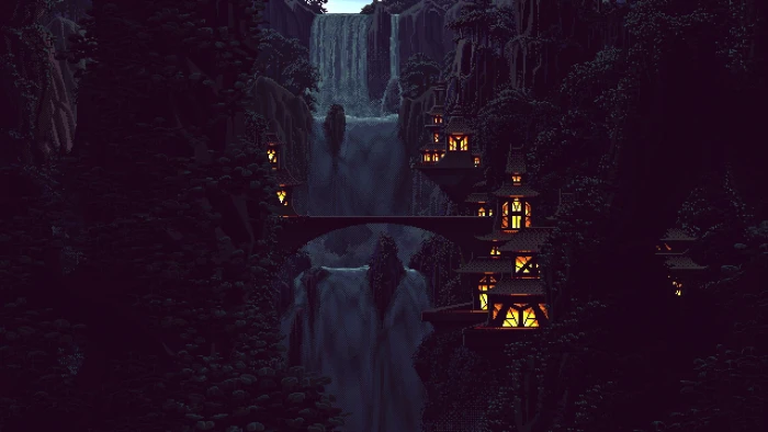 digital art pixel pixels 8 bit nature waterfall trees forest chinese architecture house lights mountain rock hill 2k