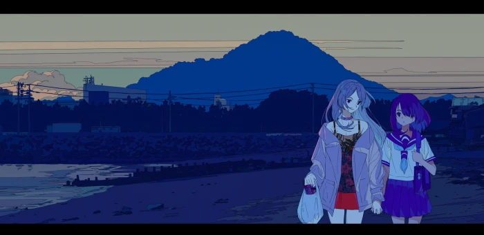 anime girls mountain top beach winter cold temperature 2k