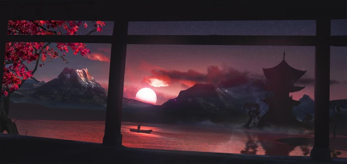 digital art drawing sunset mountains boat lake cherry blossom 2k