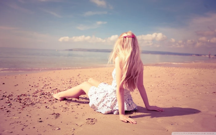dress beach blonde women land sky sea water blond hair 2k