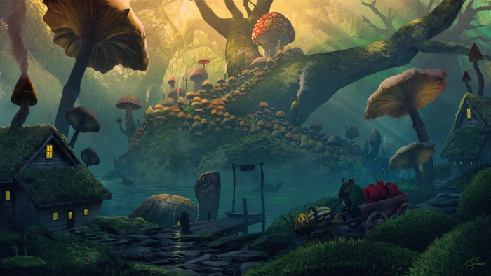 Fantasy Landscape House Mouse Mushroom Turtle 2k