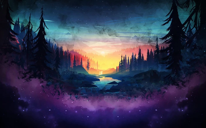 forest with river digital artwork pine tree silhouette painting 2k