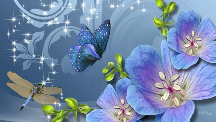 Fun Flowers Dragonfly purple petaled flower and butterfly artwork 2k