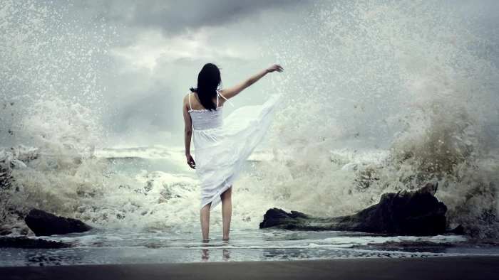 Girl beautiful white skirt back beach waves mood 2k