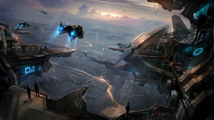 gold and black spaceship artwork fantasy art science fiction 2k