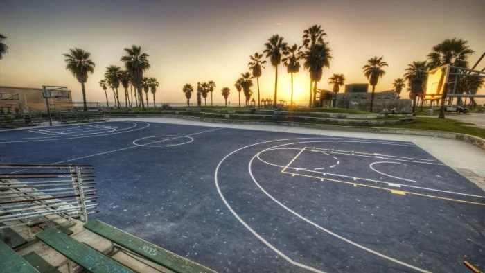 gray basketball court beach palm trees Los Angeles Venice 2k
