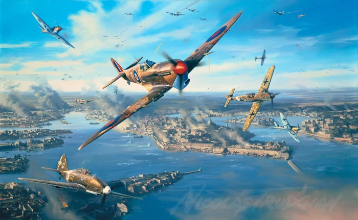 gray planes flying near cities at daytime illustration Supermarine Spitfire 2k
