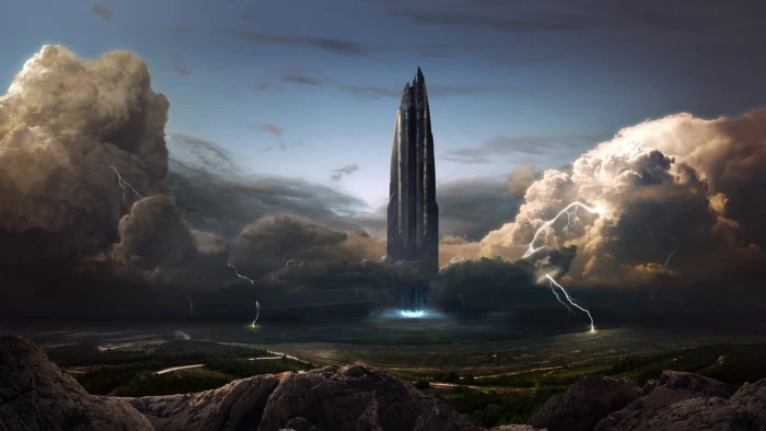 gray tower movie scene artwork digital art spaceship storm 2k