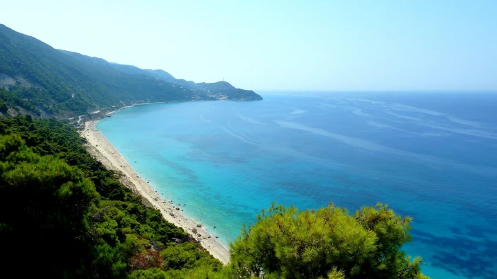 Greece Lefkada cyan beach horizon sea water waves landscape 2k