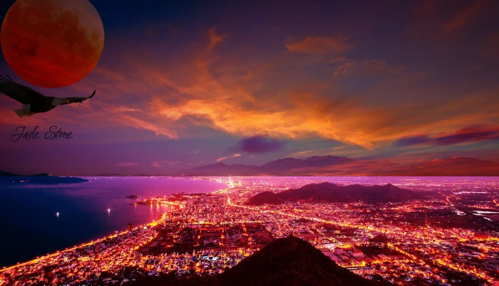 Jade Stone city lights wallpaper night beach architecture 2k