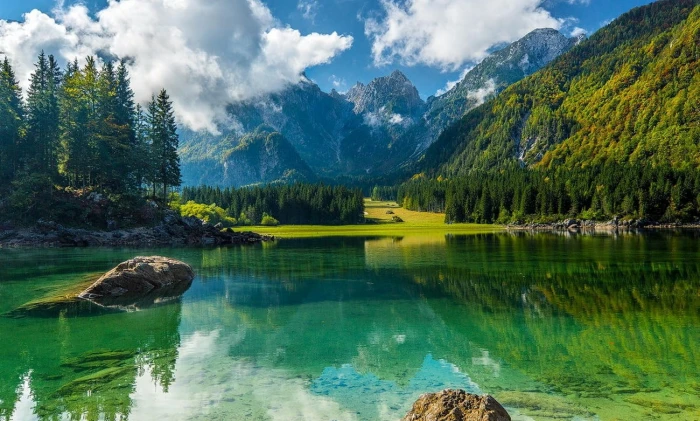 lake forest water clouds spring trees green nature landscape