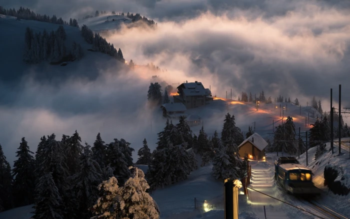 Landscape Nature Switzerland Sunset Snow Village Train Mist Trees Winter Hill 2k