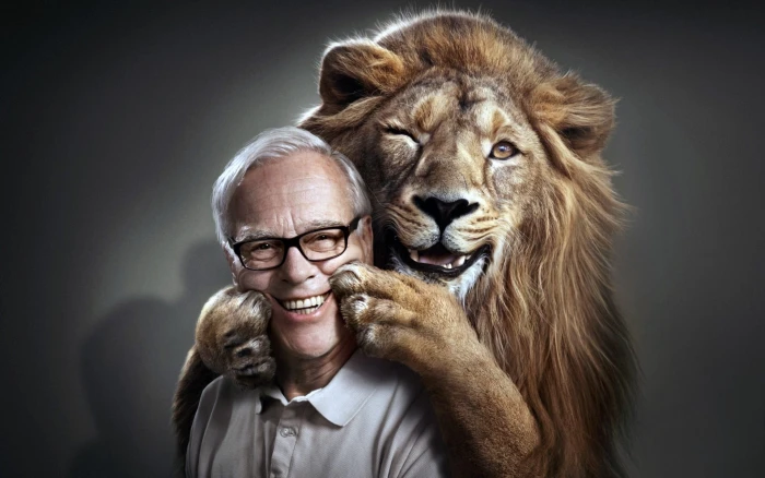 lion and man painting nature animals old people men smiling 2k