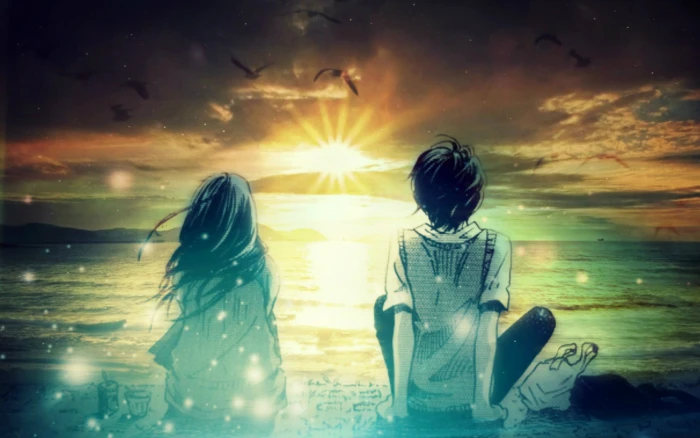male and female anime character on beach digital wallpaper fantasy art 2k