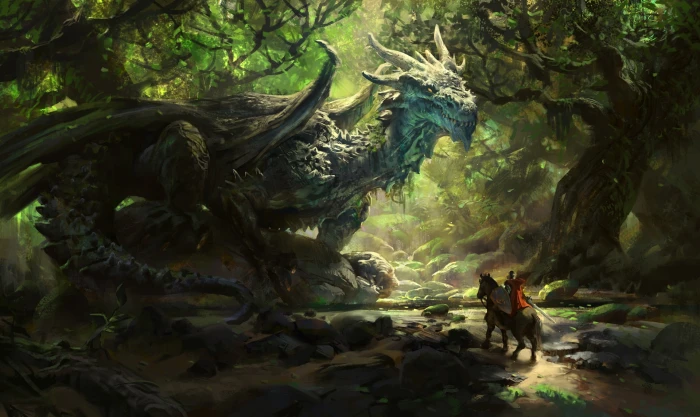 man riding horse in front of dragon digital wallpaper nature 2k